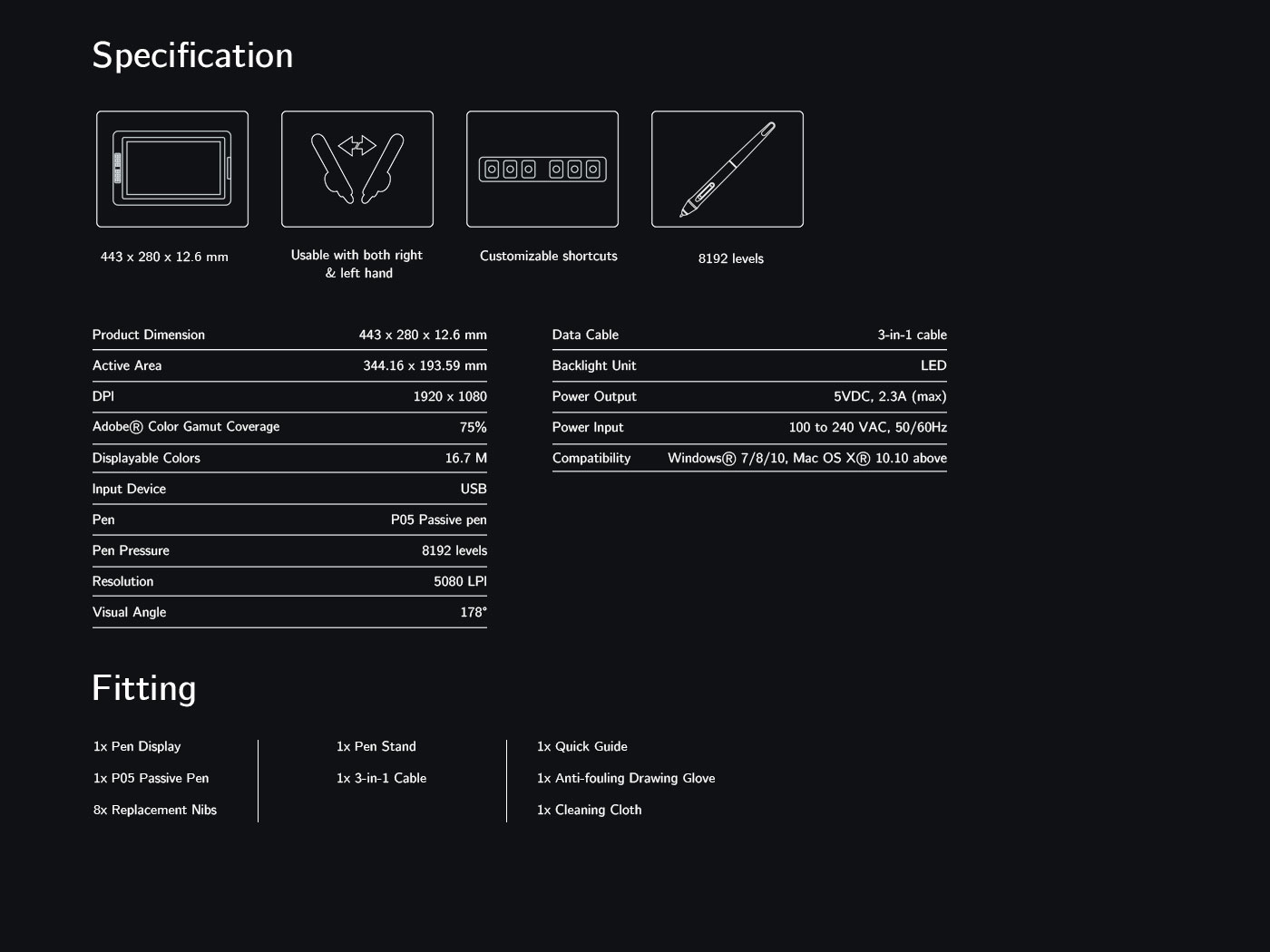  Specification and Package of Screen Art Tablet Artist 15.6 