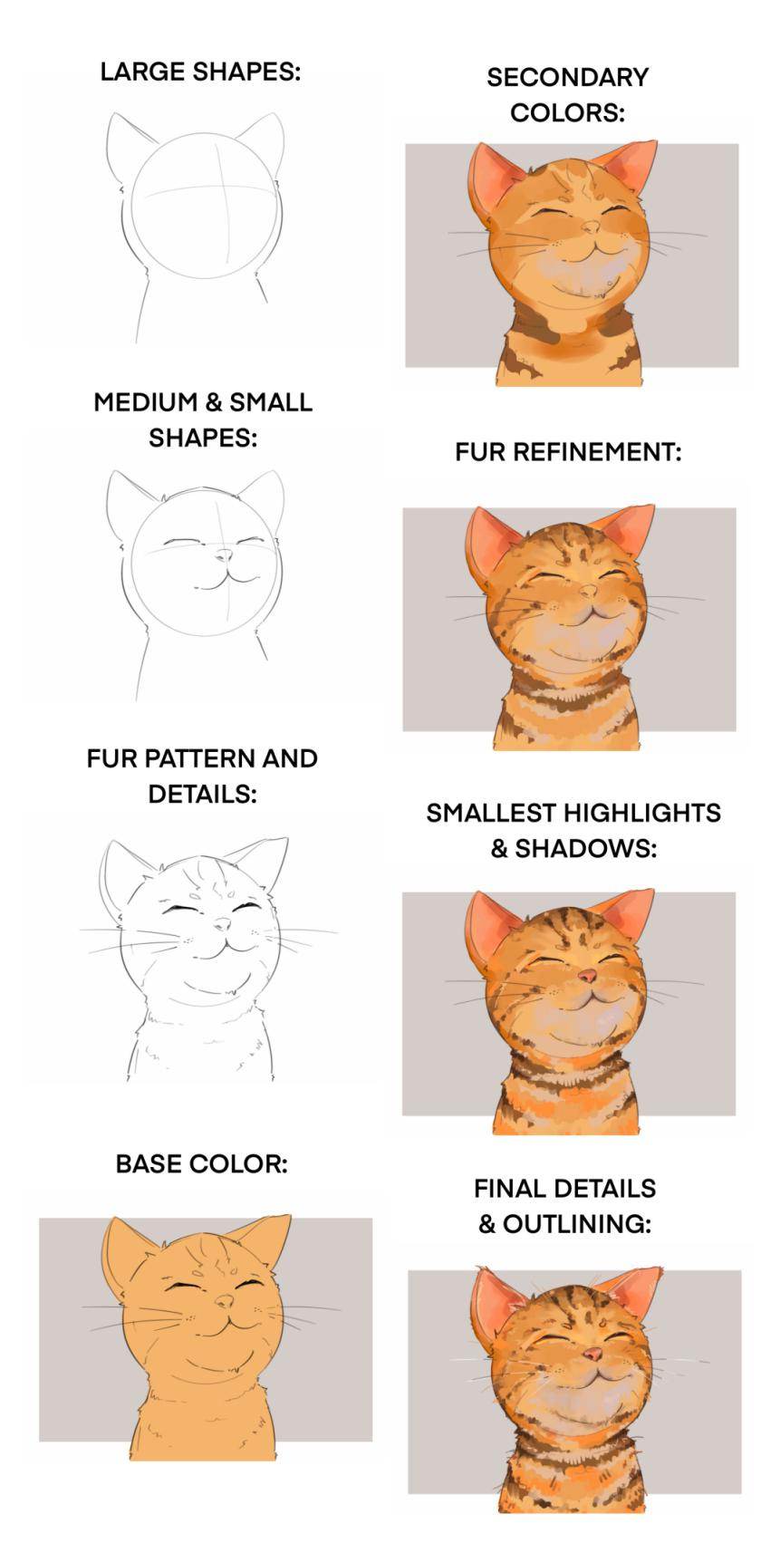 Painted stylized cat face drawing guide