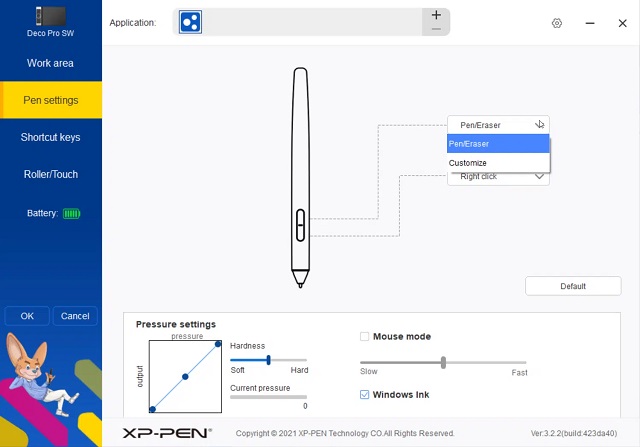 Driver interface of XPPen Deco Pro SW drawing tablet