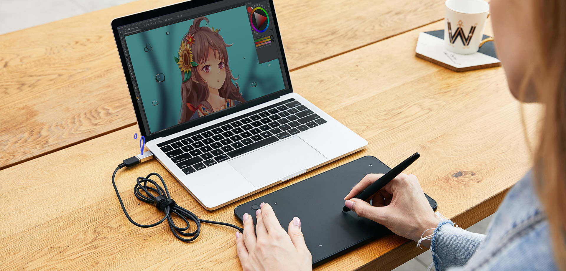 XP-Pen Deco mini7 graphics pad supports a USB-C to USB-C connection