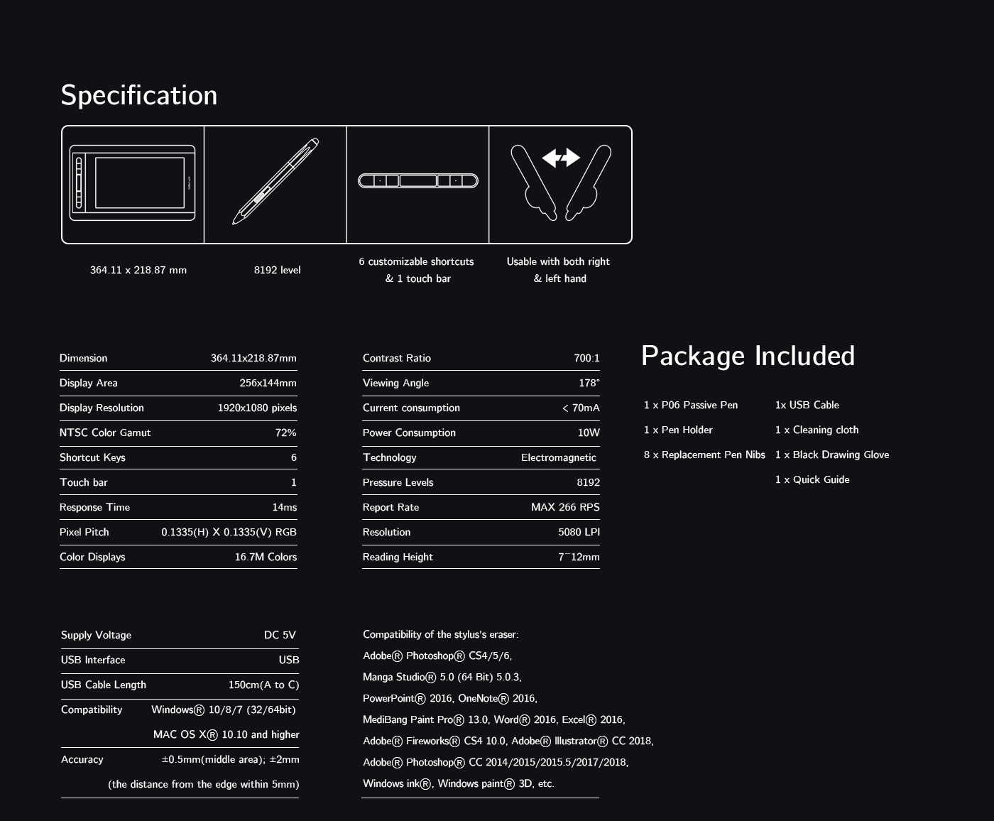  XP-Pen Artist 12 anime drawing tablet Specification 