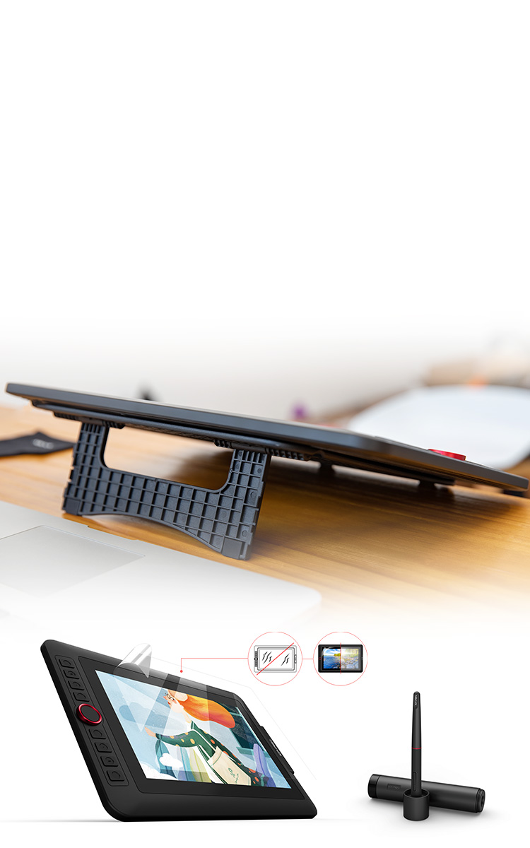 XP-Pen Artist 12 Pro com um suporte portátil projetado e Suporte de Caneta Multifuncional
