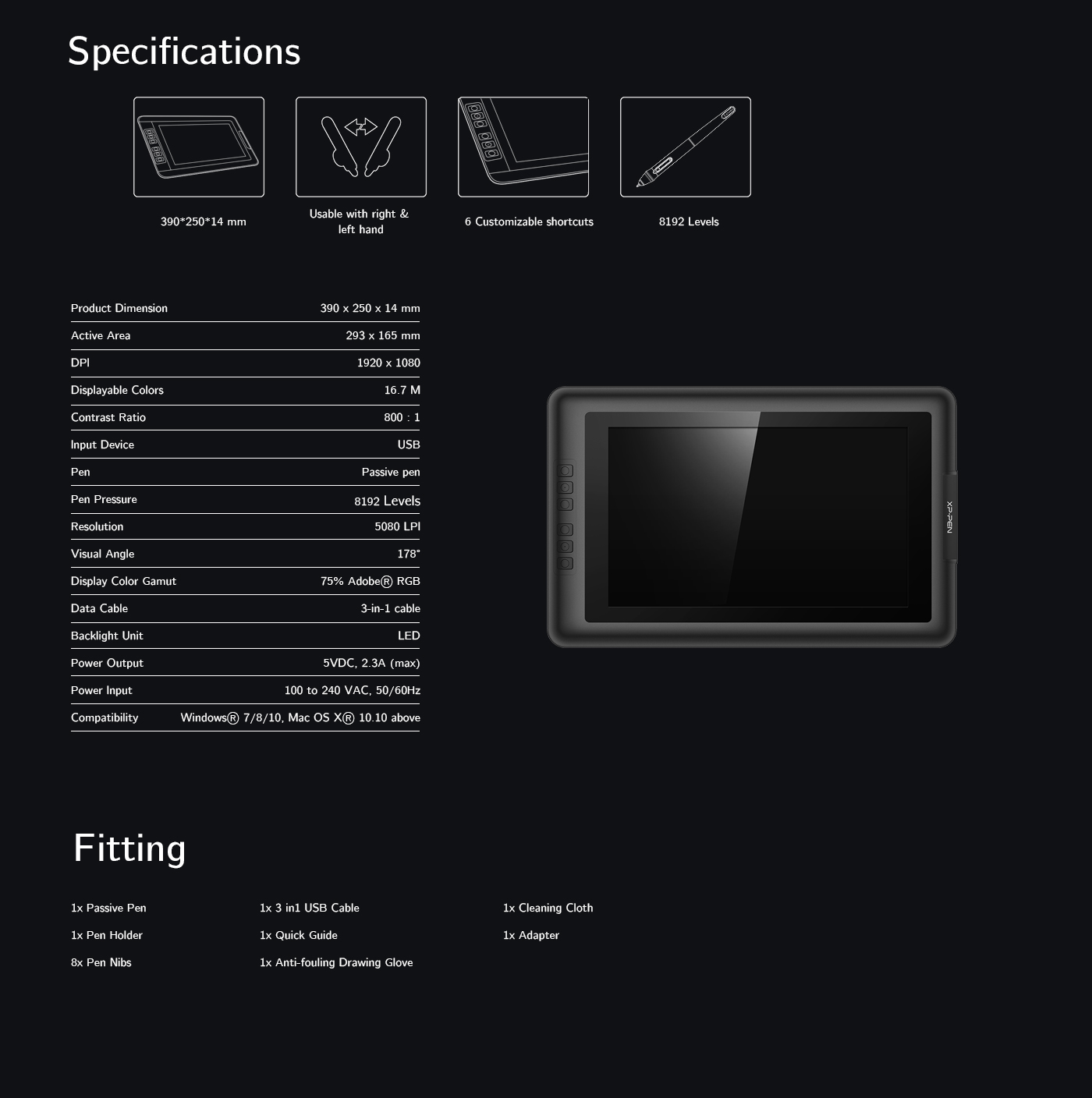  Specification and Fitting of digital painting Screen Tablet Artist 13.3 V2 