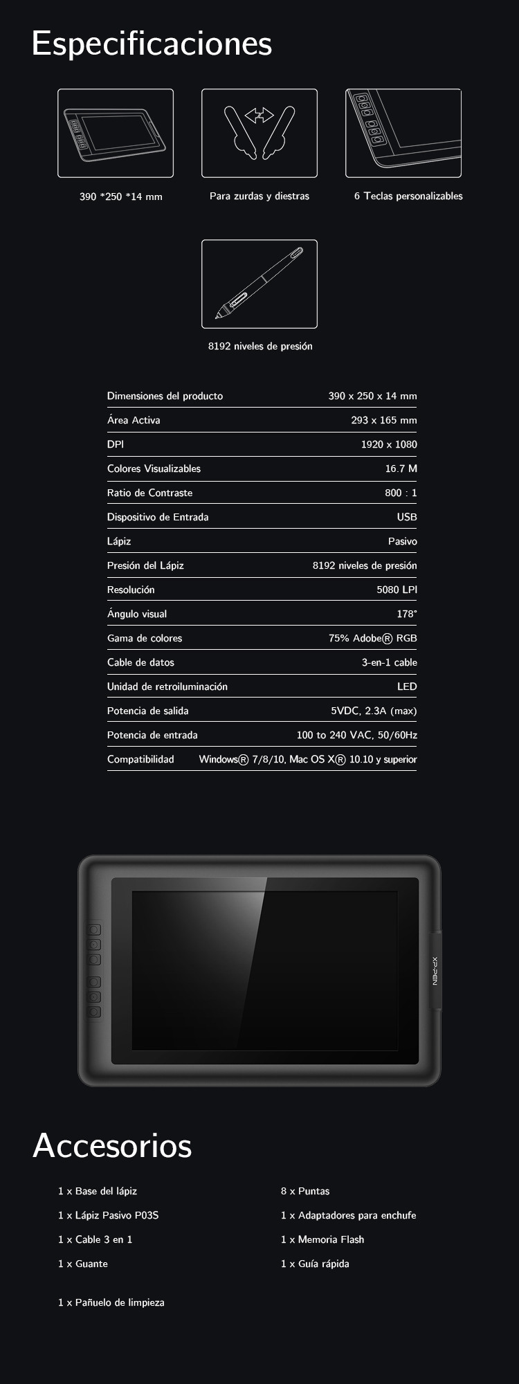 Especificaciones de pantalla gráfica XP-Pen Artist 13.3 V2