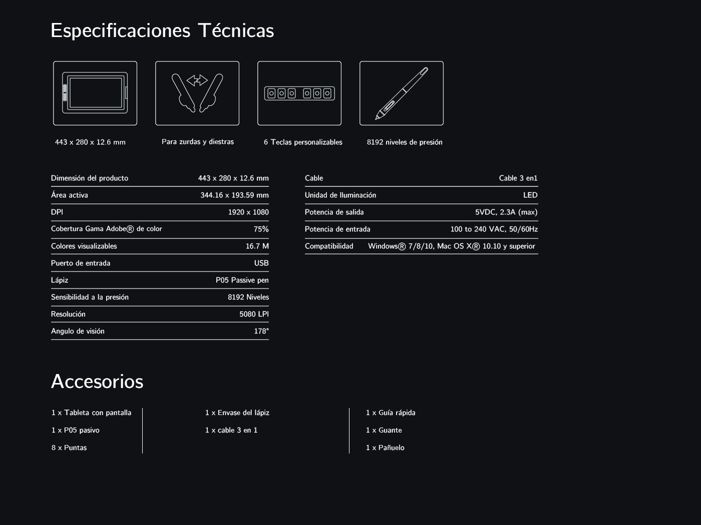 Especificaciones de Tableta gráfica con pantalla XP-Pen Artist 15.6