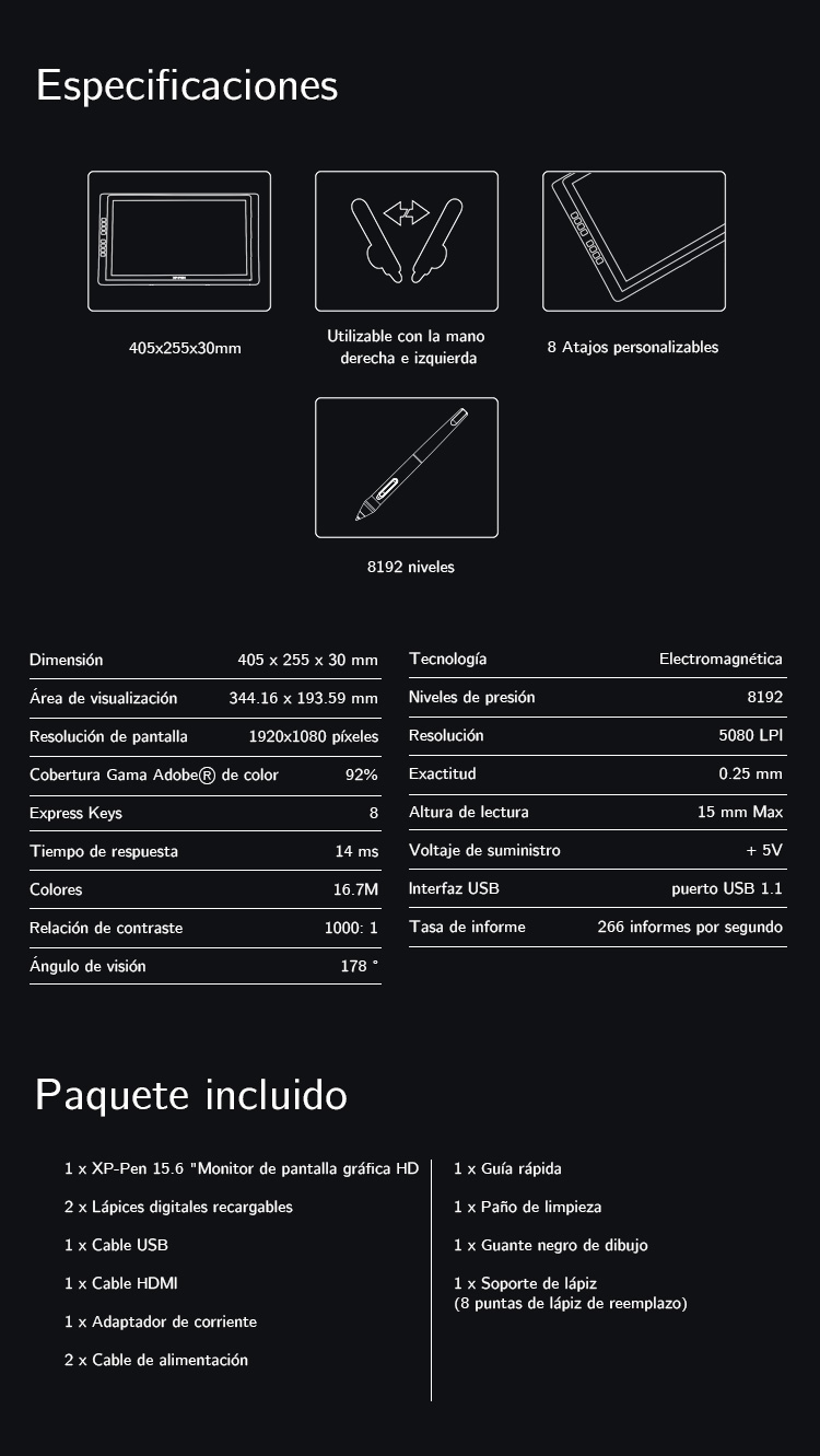 Especificaciones de pantalla gráfica XP-Pen Artist 16 Pro