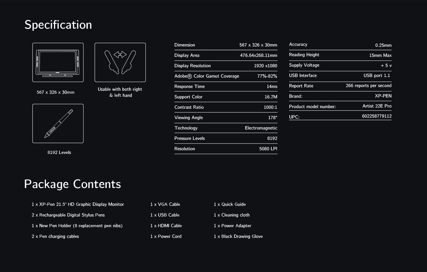  Specification of Screen Art Tablet Artist 22E Pro 