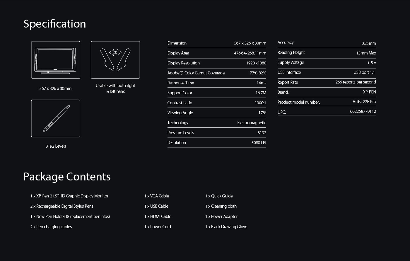  Especificação do Screen Art Tablet Artist 22E Pro 
