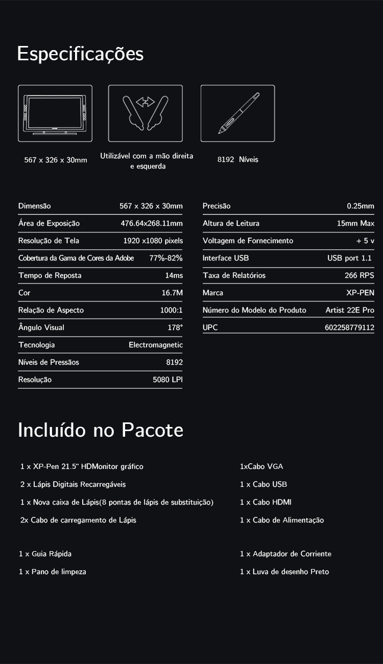 especificações do mesa digitalizadora com tela XP-Pen Artist 22E Pro