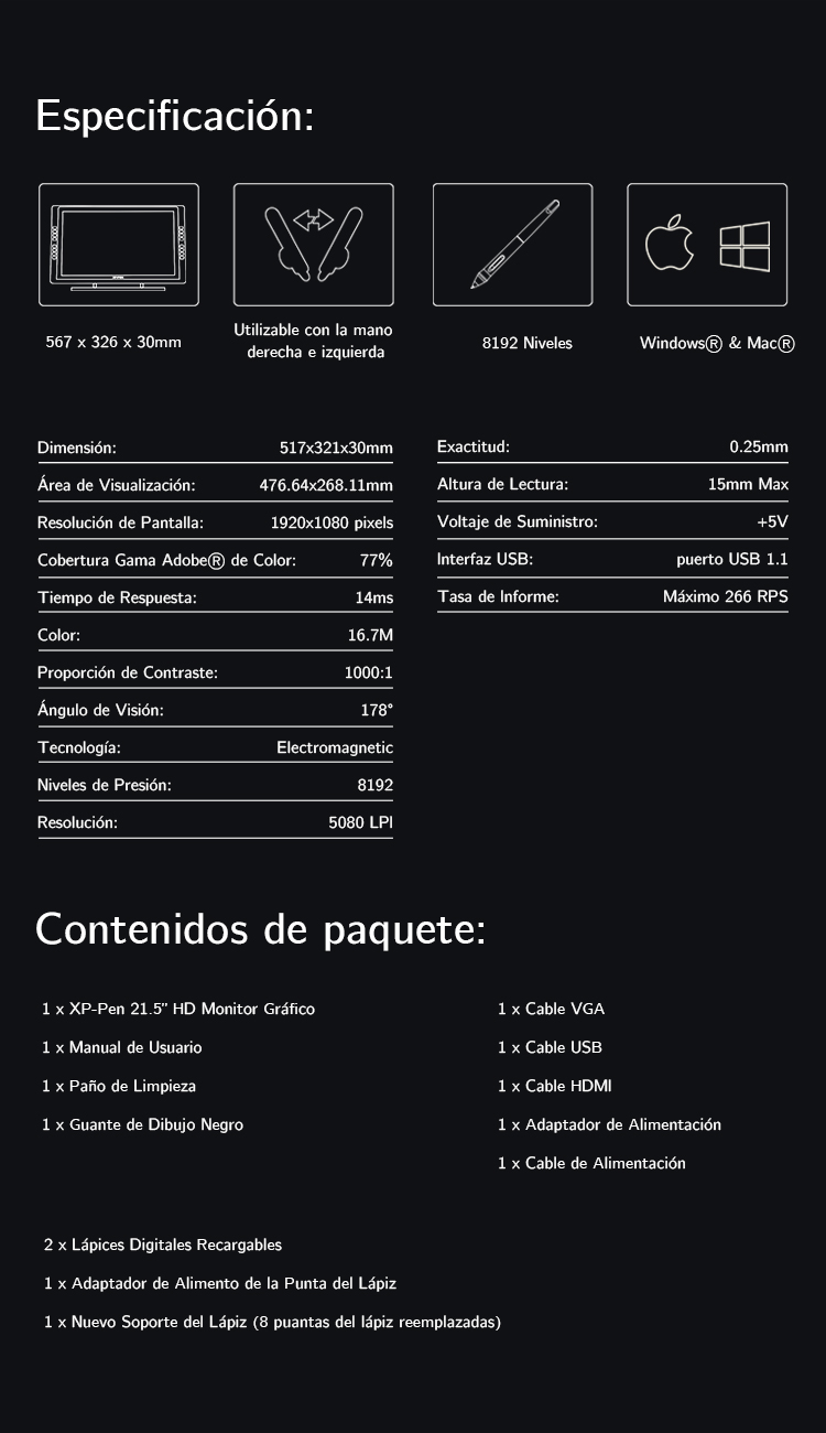 Especificación de Tableta gráfica con pantalla XP-Pen Artist 22E Pro