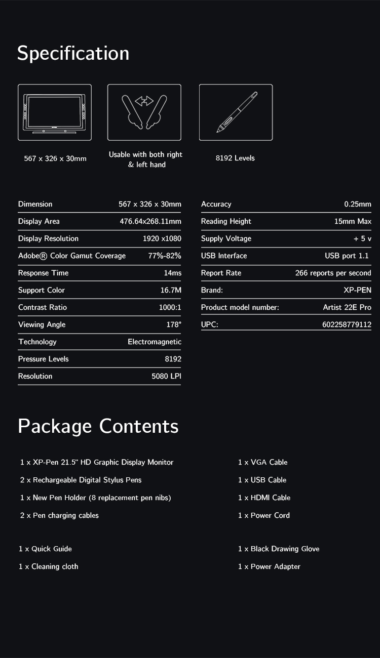  Specification of Screen Art Tablet Artist 22E Pro 