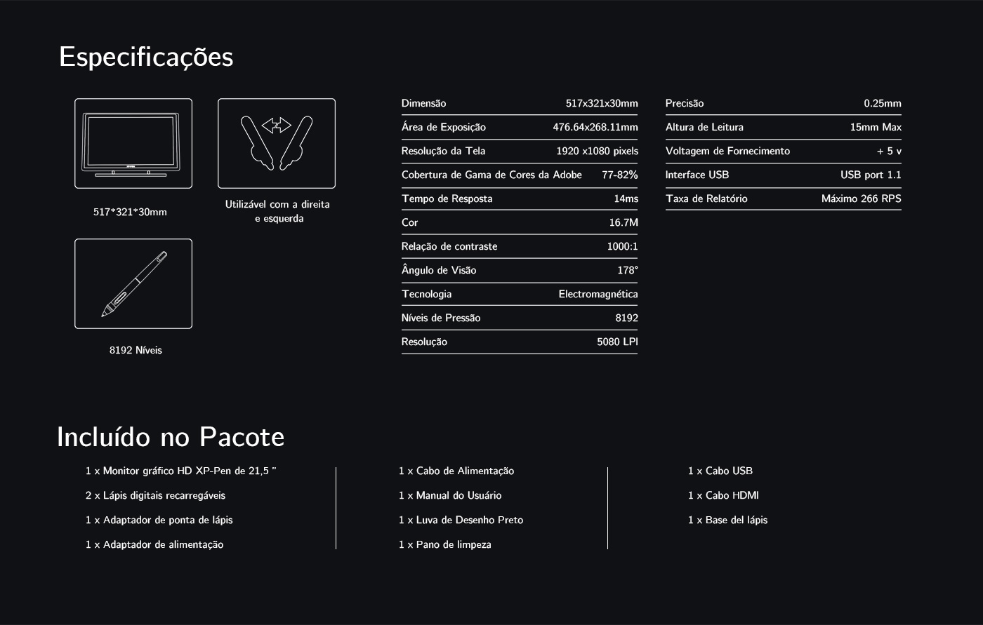 especificações do mesa digitalizadora com tela XP-Pen Artist 22 Pro