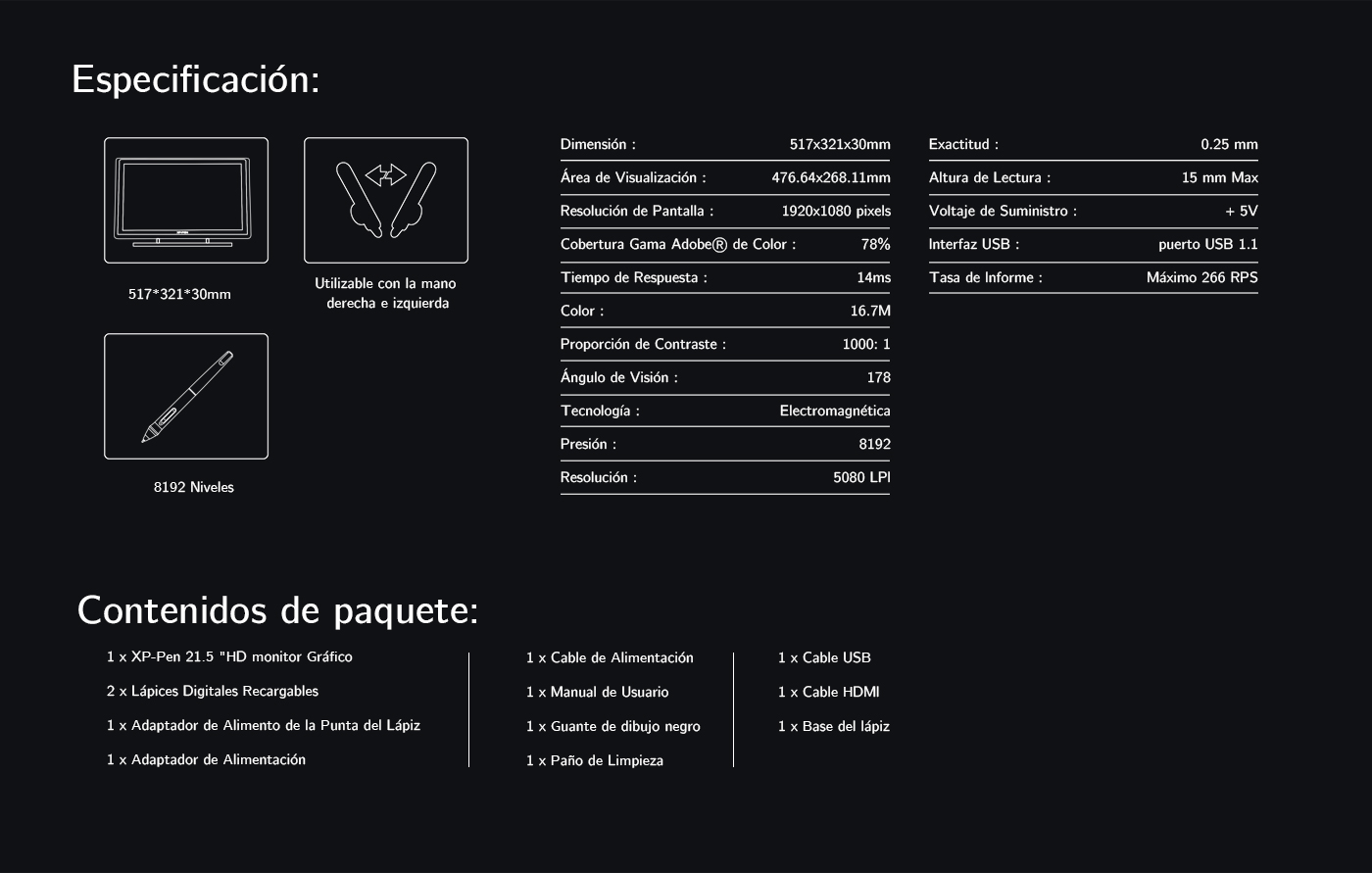 Especificaciones de pantalla gráfica XP-Pen Artist 22 Pro