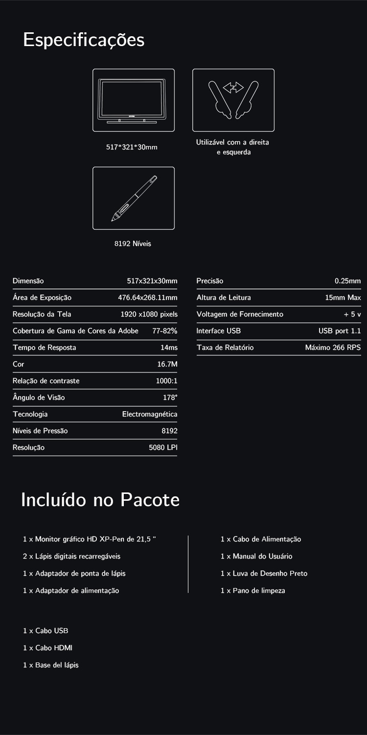 especificações do mesa digitalizadora com tela XP-Pen Artist 22 Pro