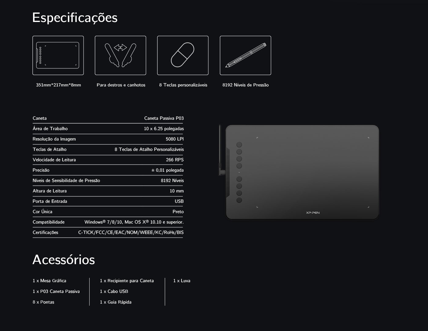 especificações especificações do mesa digitalizadora XP-Pen Deco 01
