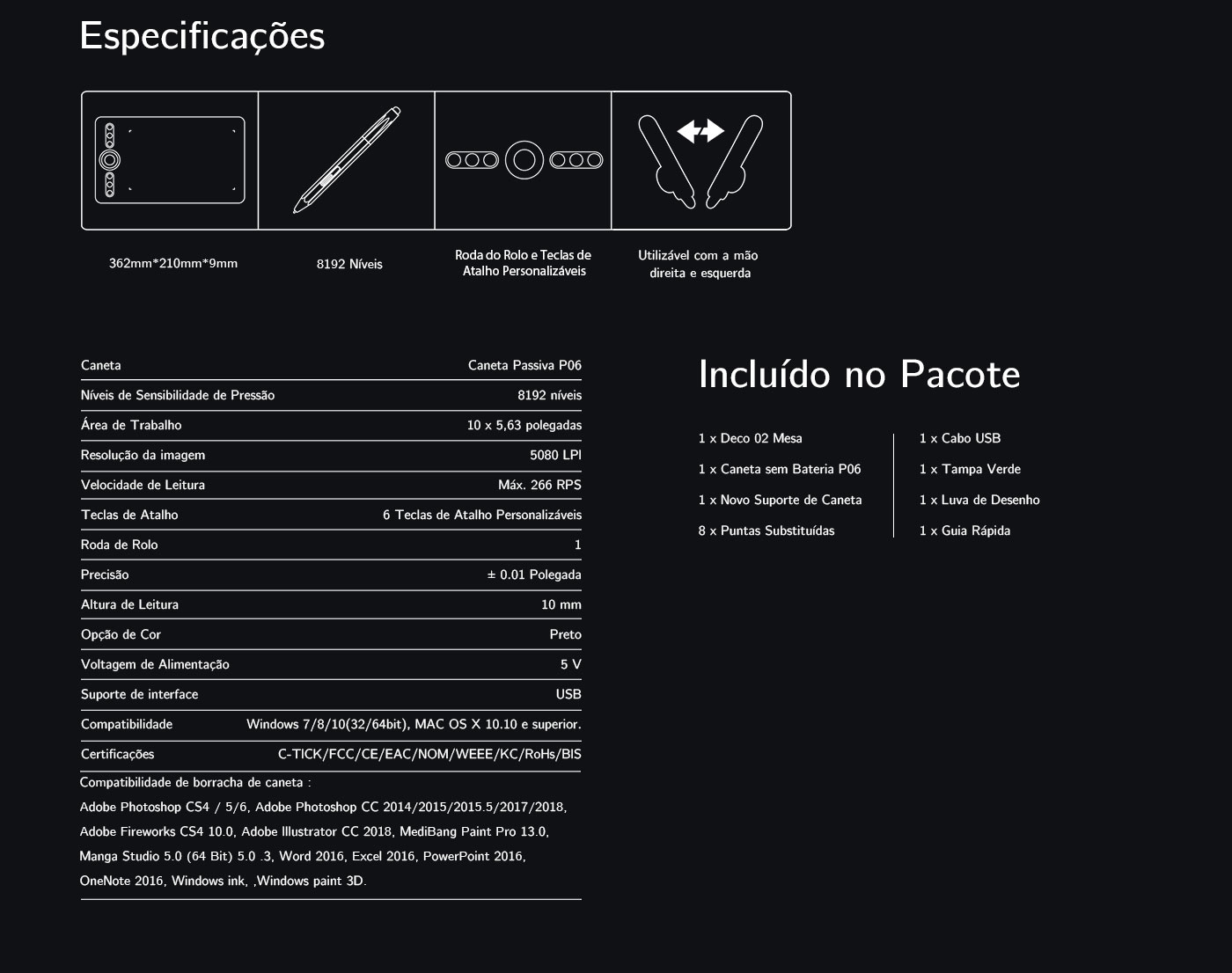 especificações especificações do mesa digitalizadora XP-Pen Deco 02