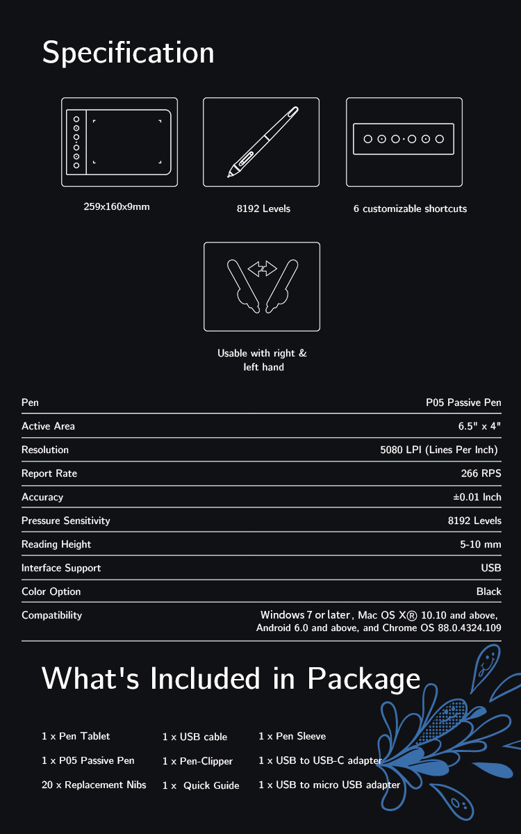  XP-Pen Star G640S kids digital drawing pad Specification 