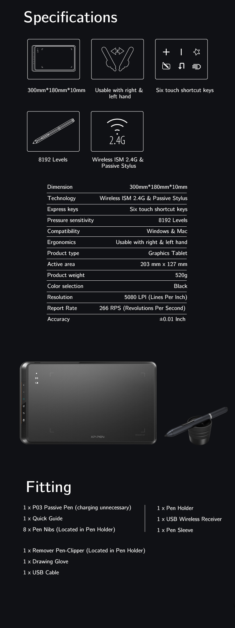 Specifications and fitting of XP-Pen Star 05 wireless drawing tablet