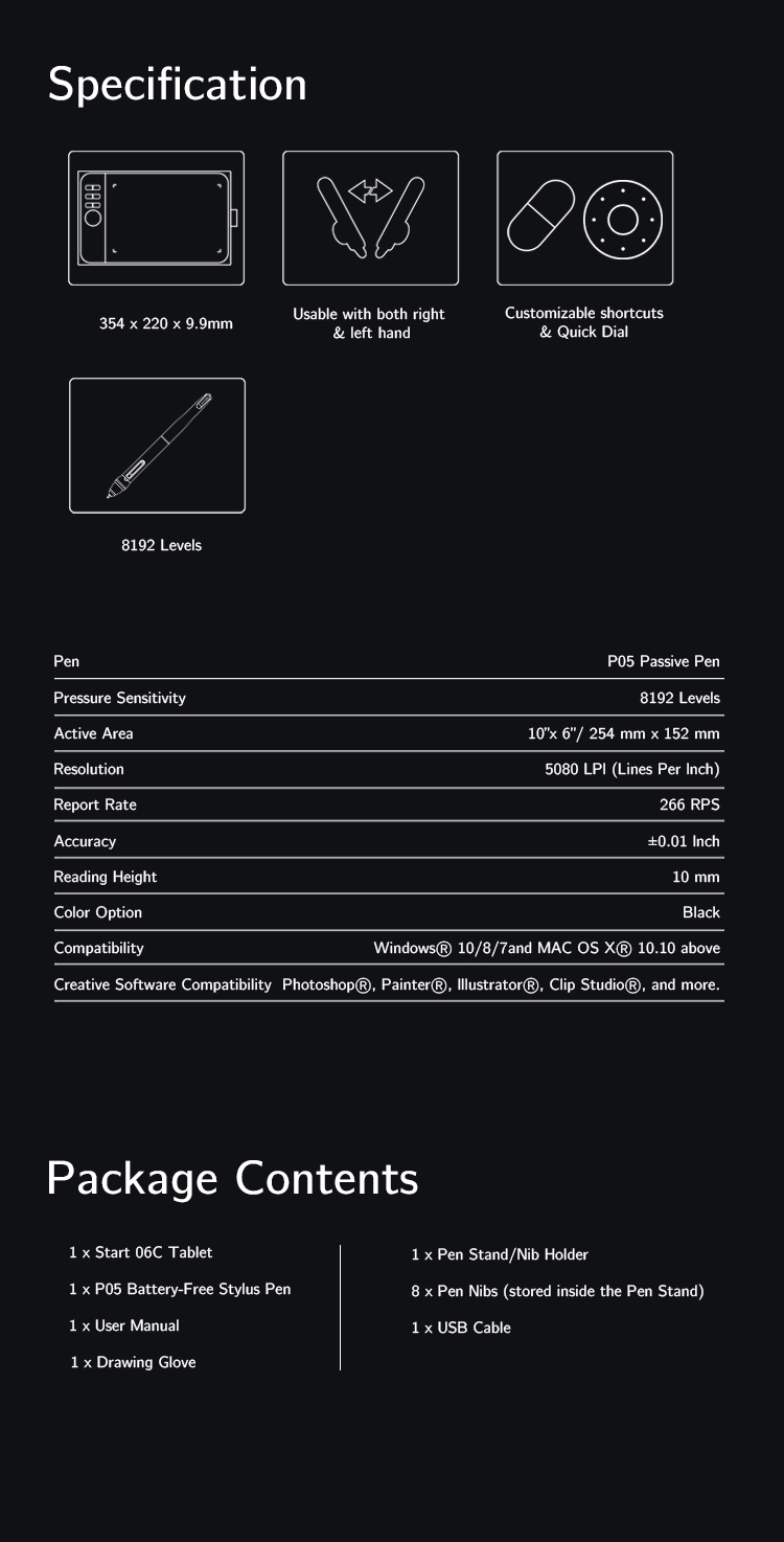  Specification and Package Contents of XP-Pen Star 06C budget drawing tablet 