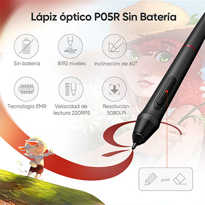 Artsit 24 FHD Tableta Gráfica con Pantalla El lápiz óptico P05R sin batería con 8192 niveles de sensibilidad a la presión, reconocimiento de inclinación de 60° y seguimiento prácticamente sin retrasos garantiza que cada trazo se siga con una precisión infalible. El portalápices aerodinámico mantiene el bolígrafo en su lugar para un espacio de trabajo organizado.