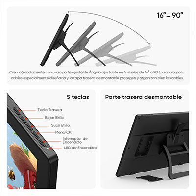 Artist 24 FHD Tableta Gráfica con Pantalla con un soporte ajustable de 16° a 90° en línea con su posición de dibujo preferida. Disfrute de una versatilidad aún mayor con un paso de orificios VESA adicional creado para un montaje externo, que van desde los que se enganchan, los orificios pasantes, los que se montan en la pared hasta los juegos de escritorio.