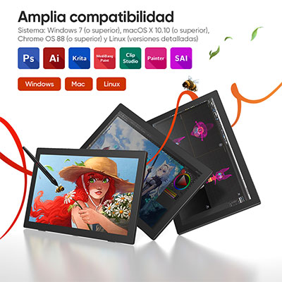 Artist 24 FHD Tableta Gráfica con Pantalla Compatible con Windows 7 (o posterior), macOS X 10.10 (o posterior), Chrome OS 88 (o posterior) y Linux (versiones detalladas). Trabaje con software de arte digital popular, como Adobe Photoshop, Illustrator, SAI, CDR, GIMP, Krita, MediBang, FireAlpaca y Blender 3D.