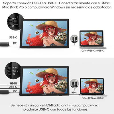 Artist 24 FHD Tableta Gráfica con Pantalla Conectado a PC/Mac simplemente con un cable USB-C a USB-C. 
