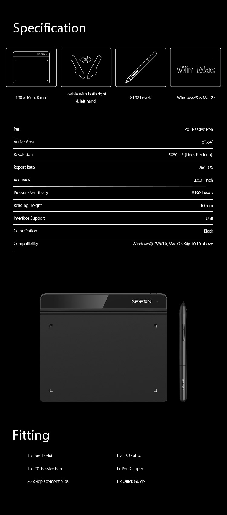  XP-Pen Star G640 best cheap drawing tablet Specification 